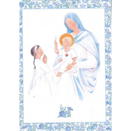 Première Communion - Marie et Enfant Jésus - Cadre fleurs bleues - L1