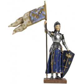 Statue polychrome de sainte Jeanne Arc avec son oriflamme