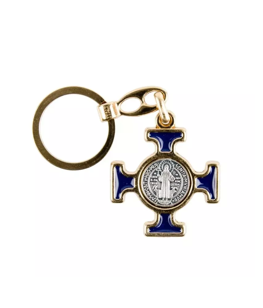 Porte-clés doré Croix de Saint Benoit émaillé bleu -225D.B