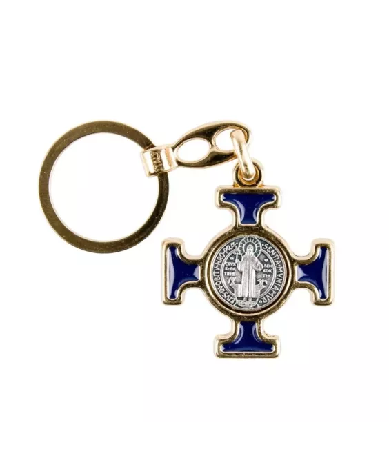 Porte-clés doré Croix de Saint Benoit émaillé bleu -225D.B