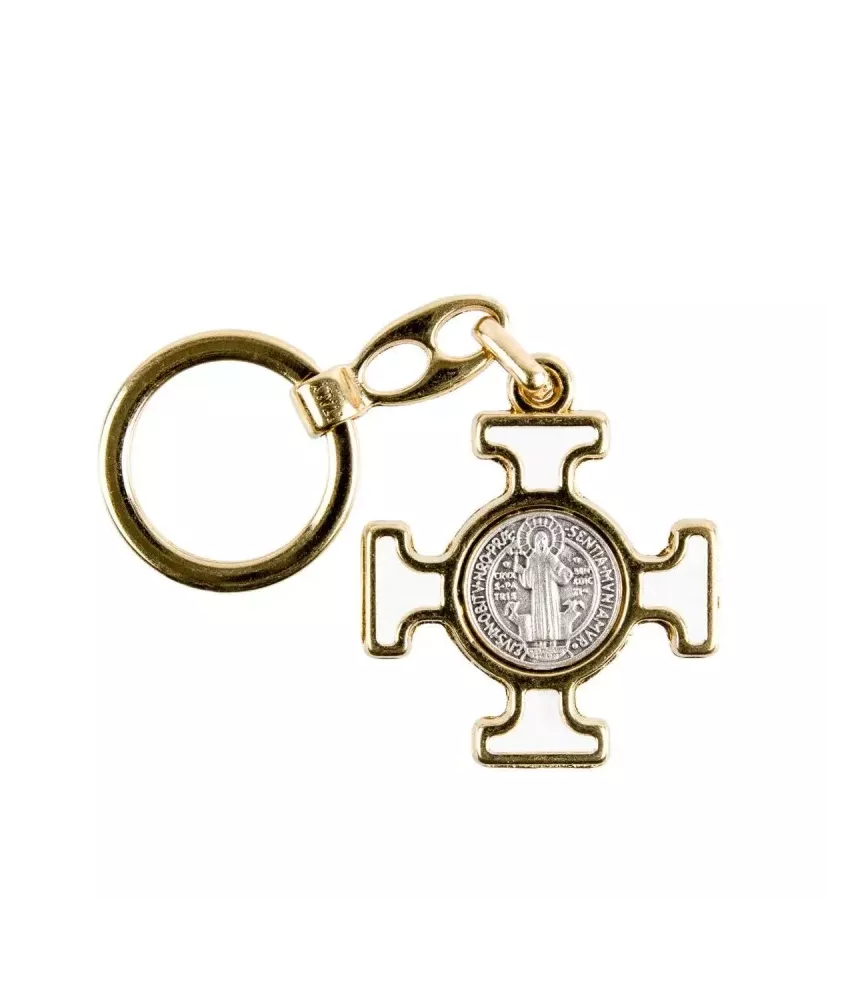Porte-clés doré Croix de Saint Benoit émaillé blanc -225D.BLA