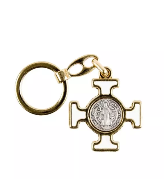 Porte-clés doré Croix de Saint Benoit émaillé blanc -225D.BLA