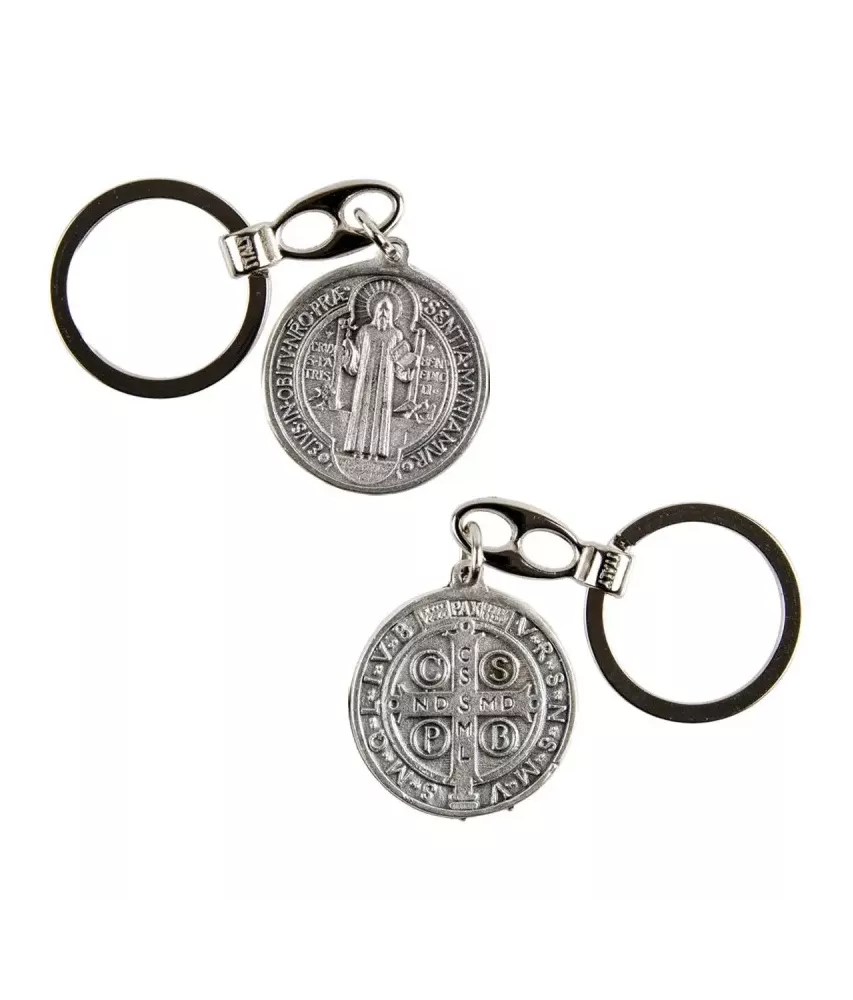 Porte-clés Croix de Saint Benoît - Finition métal argenté