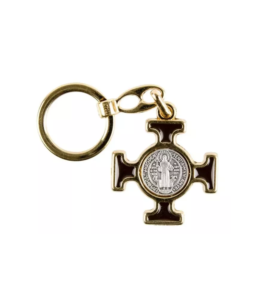 Porte-clés doré Croix de Saint Benoît émaillé vert