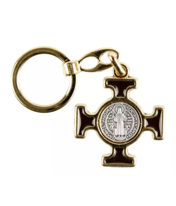 Porte-clés doré Croix de Saint Benoît émaillé vert